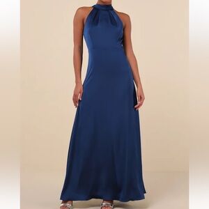 Lulus Regal Loveliness Blue‎ Satin Pleated Mock Neck Maxi Dress size S NWT flaw